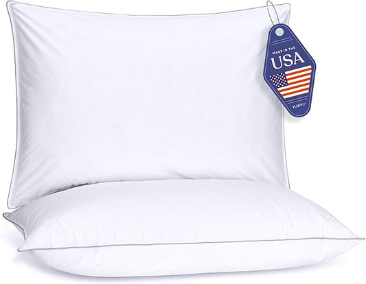 FluffCo Down Alternative Pillows Standard/Queen Size Set of 2 - Queen Bed Pillows for Sleeping - Made in USA - Cooling Surface and Machine Washable for Side, Back, and Stomach Sleepers - Gift for Home