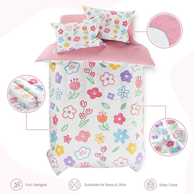 SANDJEST Floral Twin Bedding Sets for Girl, Ultra Soft Microfiber Comforter Bed Set with 3-Pieces, Flower Comforters Sets for Kids Children Girl Teen Tween Bedroom Decor