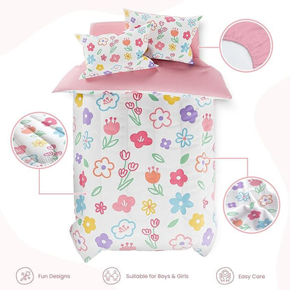 SANDJEST Floral Twin Bedding Sets for Girl, Ultra Soft Microfiber Comforter Bed Set with 3-Pieces, Flower Comforters Sets for Kids Children Girl Teen Tween Bedroom Decor