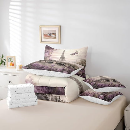 Feelyou Eiffel Tower Comforter Set with Sheets Full Size Paris 7 Piece Bedding Set for Kids Boys Girls Teens Toddler Purple Flower and Butterfly Bed in a Bag Vintage Retro Bed Set