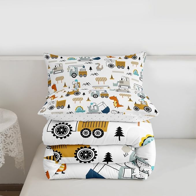 Feelyou Construction Bedding Set Twin Size Equipment Trucks Comforter Set for Kids Boys Girls Decor Dinosaur Comforter 3D Digital Print Yellow Duvet Set Bedroom Quilt Set with 1 Pillow Case