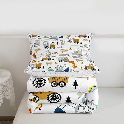Feelyou Construction Bedding Set Twin Size Equipment Trucks Comforter Set for Kids Boys Girls Decor Dinosaur Comforter 3D Digital Print Yellow Duvet Set Bedroom Quilt Set with 1 Pillow Case