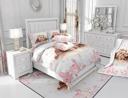 Cute Otter Family Comforter Set Watercolor Pink Cherry Blossom Decor Bedding Comforter for Kids Girls Teens Lovely Cartoon Wild Animals Spring Bedroom Quilt Set with 2 Pillowcases King Size 3 Pcs