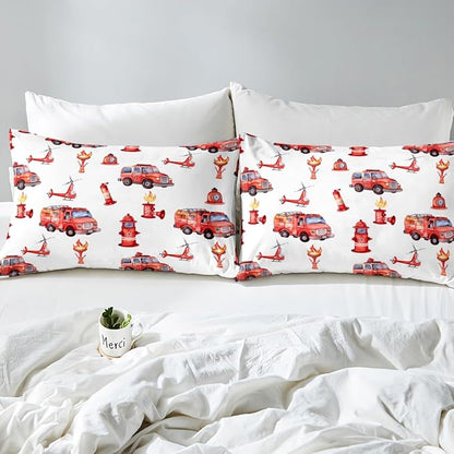Fire Truck Red Comforter King for Kids Toddler Boys - Firefighter Supplies Pattern Bedding With Scaling Ladder, Extinguisher, Helicopter, Hydrant Print - Fire Theme Decor Duvet Set