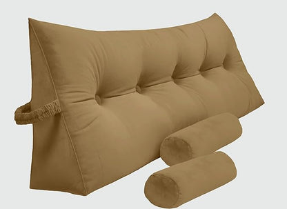 Triangular Reading Bed Rest Pillow Large Bolster Cushion Headboard Backrest Wedge Pillow with Two Detachable Roll Pillows for Neck & Lumbar Support (Brown, Queen: 59 x 8 x 20 inches)