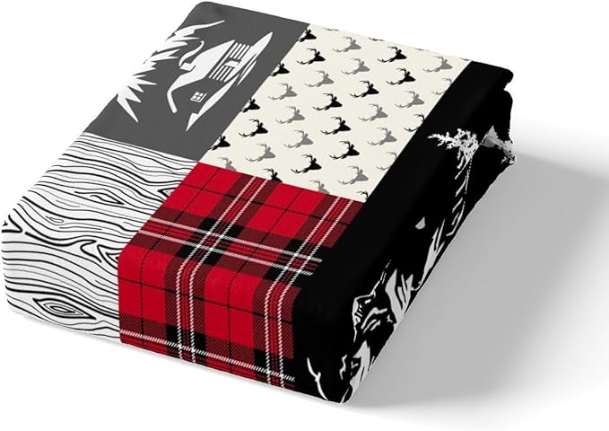 Castle Fairy Deer Antlers Bedding Set King Size for Teens,Bear Pine Wolf Hunting Camper Comforter Cover with 2 Pillowcases,Adventure Rustic Farmhouse Red Plaid Duvet Cover Set Microfiber Quilt Cover
