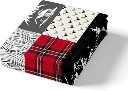 Castle Fairy Bear Deer Kids Duvet Cover Set Full Size,Hunt Arrow Adventure Wildlife Patchwork Comforter Cover with 2 Pillowcases,Red Check Boho Aztec Cabin Decor Breathable Bedspread for Boys Teens