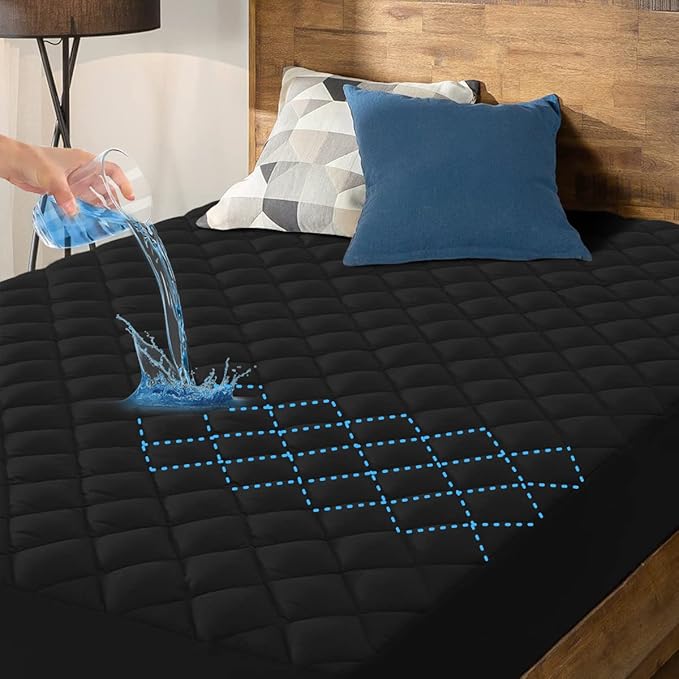 HYLEORY King Size Waterproof Mattress Pad Protector, Breathable Quilted Mattress Cover Noiseless Waterproof Fitted Sheet Mattress Topper Upto 21" Deep Pocket, Black