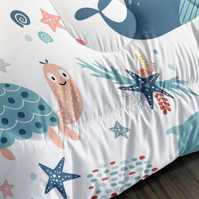 Kids Turtle Comforter Set Queen Beach Theme Dolphin Starfish Seaweed Bedding Set Sea Animal Octopus Reptile Bed Set with 2 Pillowcases for Boys Girls Room Decor