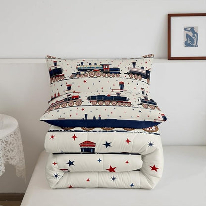 Erosebridal Vintage Steam Train Bedding, Cartoon Classic Railway Retro King Comforter Set, Gifts for Kids Girls Boys Travel Locomotive Train Bedding Sets Galaxy Stars Decorations Duvet Set