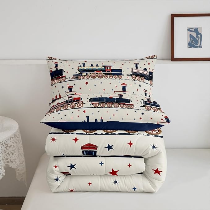 Erosebridal Vintage Steam Train Bedding, Cartoon Classic Railway Retro Queen Comforter Set, Gifts for Kids Girls Boys Travel Locomotive Train Bedding Sets Galaxy Stars Decorations Duvet Set