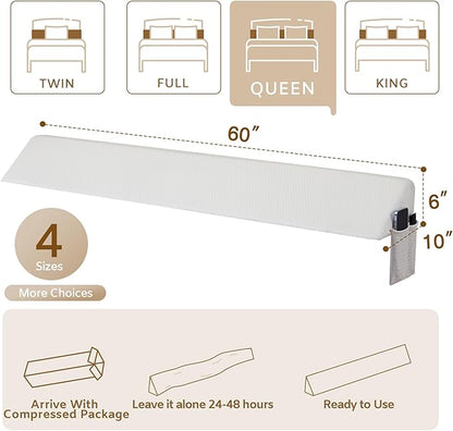 Bedluxe Queen Bed Wedge Pillow for Headboard, Wedge Pillow Headboard, Pillow Wedge for Headboard Gap, Bed Gap Filler- Fill The Gap (0-7") Between Headboard and Mattress (Air-Layer White, 60"x10"x6")