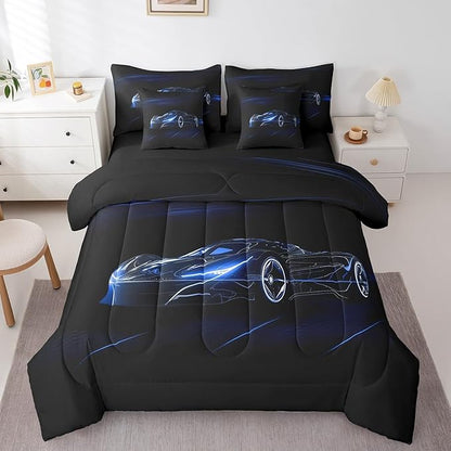 Feelyou Blue Race Car 7 Piece Bedding Set Full Size for Kids Boys Extreme Sport Games Comforter Set with Sheets Teens Toddler Fast and Furious Bed in a Bag Cool Modern Bed Set