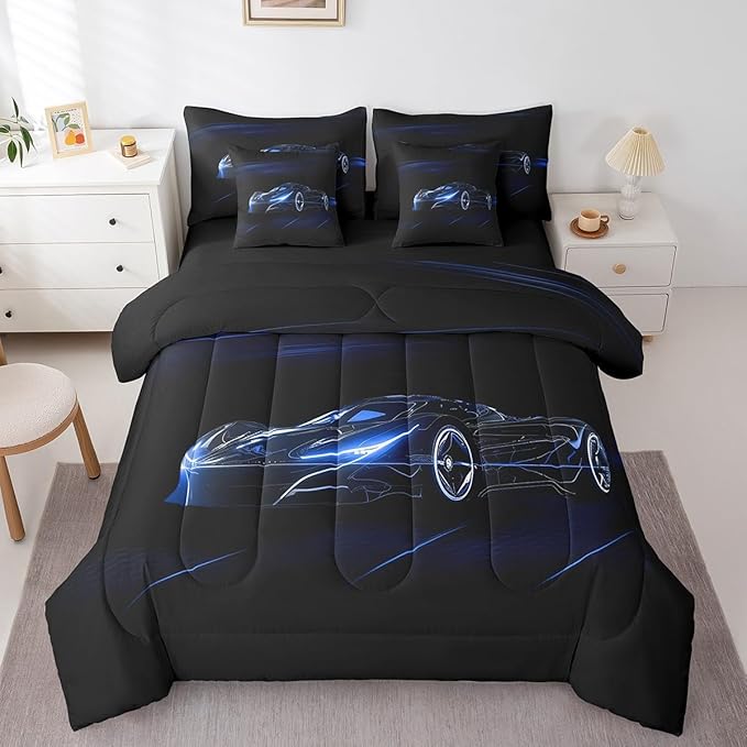 Feelyou Blue Race Car 7 Piece Bedding Set King Size for Kids Boys Extreme Sport Games Comforter Set with Sheets Teens Toddler Fast and Furious Bed in a Bag Cool Modern Bed Set