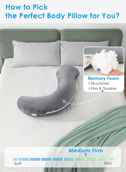 QUEEN ROSE Body Pillow for Side Sleepers, Shredded Memory Foam Full Body Support, Firm Comfort, Soft Hug Pillow, Dark Grey