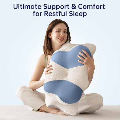 Cervical Neck Pillow, Ergonomic Memory Foam Pillow - Orthopedic Design for Side, Back, and Stomach Sleepers (Blue, 26''x15.76''x5.52'')