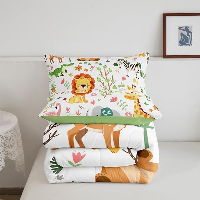 Feelyou Toddler Size Cartoon Lions Giraffe Comforter Set Zoo Animals Bedding Set Flamingo Zebra Comforter for Kids Boys Girls Kawaii Animals Duvet Insert 2Pcs