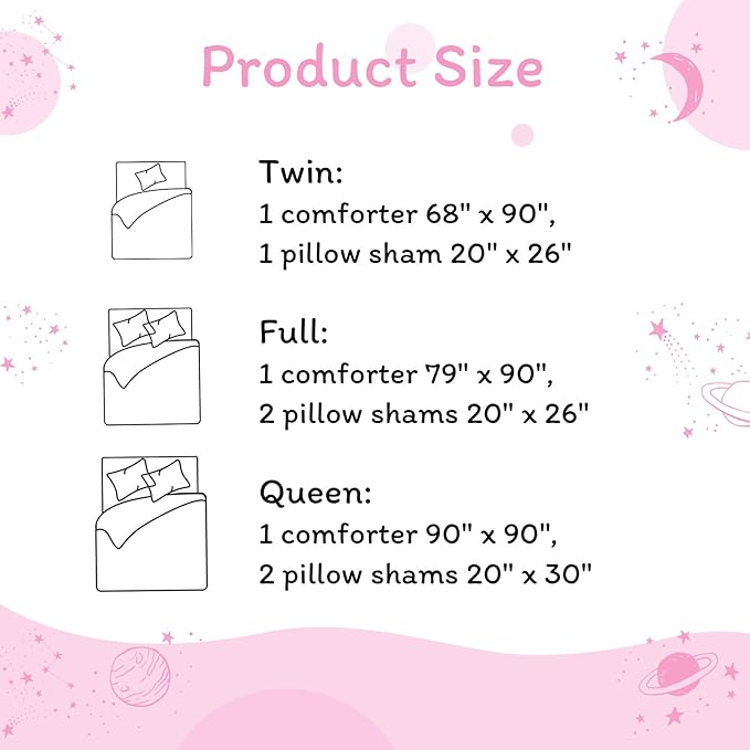 JSD Gradient Pink Stars Kids Comforter Set Full Size, 3 Piece Space Theme Girls Printed Microfiber Bedding Set, Machine Washable