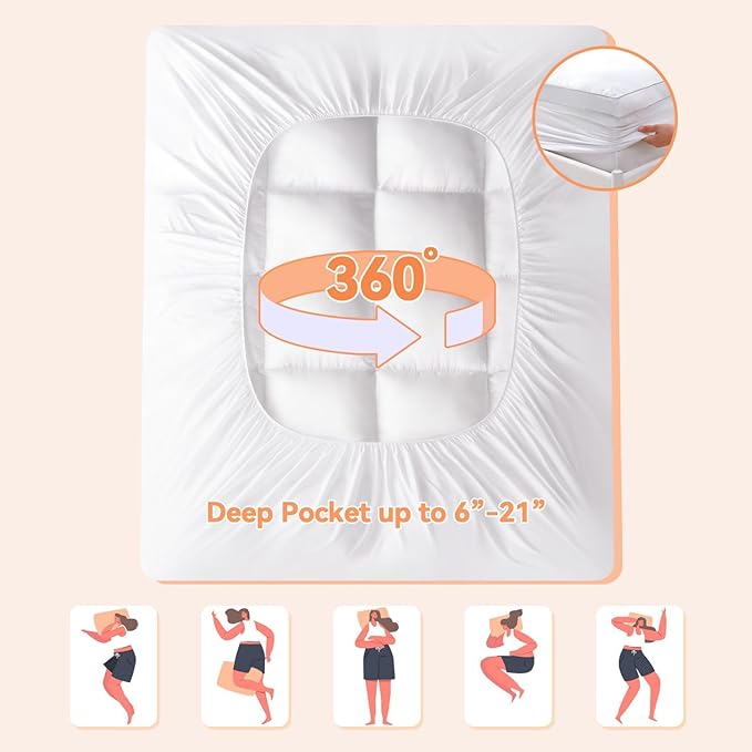 Topllen King Mattress Topper for Back Pain Relief, Extra Thick Pillow Top Plush Mattress Pad with Deep Pocket, Soft Pillowtop King Size Bed Toppers Filled Fluffy Down Alternative, White