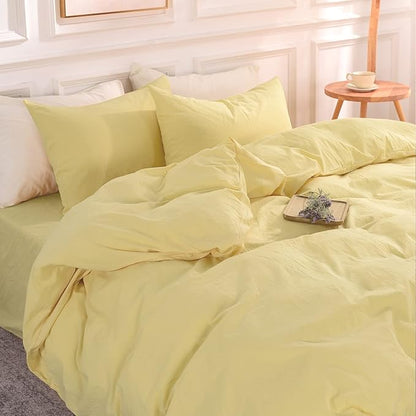 NEXHOME PRO Duvet Cover Set 100% Washed Cotton Oversized Queen 92"x98", Organic Natural Linen Look Textured 3 Pieces Bedding Set Cream Yellow with Zipper Closure, Breathable Soft
