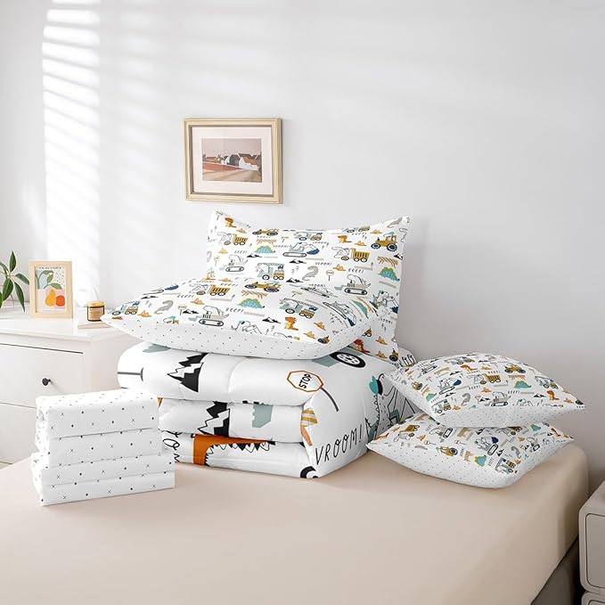 Feelyou Construction Comforter Set with Sheets 7 Piece Twin Size Equipment Trucks Bedding Set Dinosaur Bed in a Bag 3D Digital Print Yellow Bed Set with Comforter,Sheets,Pillowcases,Cushion Covers