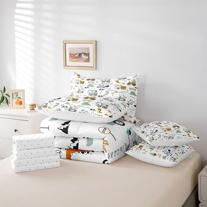 Feelyou Construction Comforter Set with Sheets 7 Piece Twin Size Equipment Trucks Bedding Set Dinosaur Bed in a Bag 3D Digital Print Yellow Bed Set with Comforter,Sheets,Pillowcases,Cushion Covers