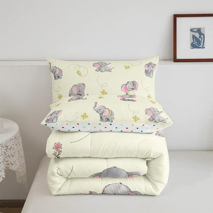 Kawaii Elephant Kids Comforter Set King Size,Yellow Butterfly Cartoon Wildlife Reversible Quilted Duvet with 2 Pillowcases Watercolor Grey Pink Animal Comforter for Boys Teens Bedroom