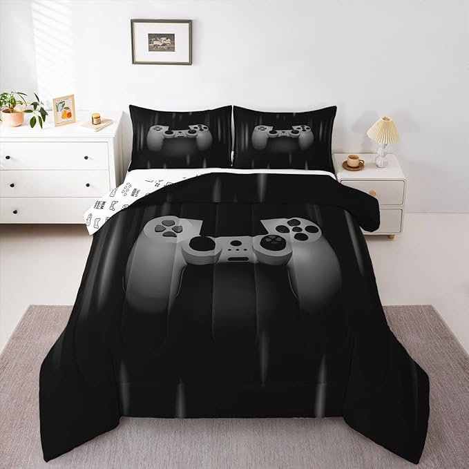 Feelyou Boys Gamer Comforter Set Full Size Bedding Set for Kids Gaming Comforter Gray Black Video Games Gamepad Room Decor for Teens Child Super Soft Geometric Duvet Quilted Son Grandson Gift