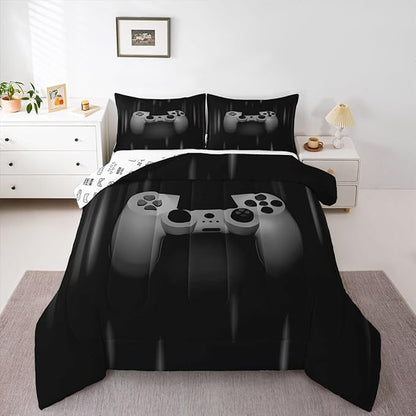 Feelyou Boys Gamer Comforter Set Queen Size Bedding Set for Kids Gaming Comforter Gray Black Video Games Gamepad Room Decor for Teens Child Super Soft Geometric Duvet Quilted Son Grandson Gift