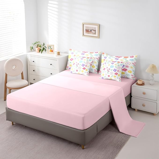 Feelyou Cute Flower 7 Piece Bedding Set Colorful Floral Comforter Set with Sheets for Kids Boys Girls Cartoon Hand-Drawn Bed in a Bag Botanical Decor Bed Set Soft Lightweight