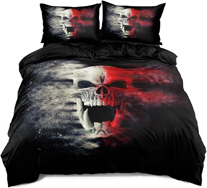 3D Skull Pattren Duvet Cover Set King Size Red Smoke Background Bedding Set Halloween Comforter Cover Cool Bedroom Decor