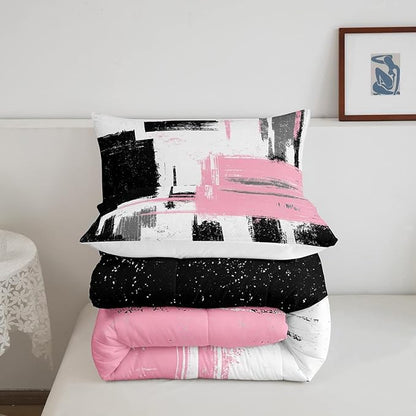 Feelyou Abstract Bedding Set Comforter Set for Kids Boys Children Modern Abstract Art Comforter Ultra Soft Decor Black Pink White Duvet Set Queen Size