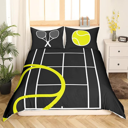 Tennis Court Print Duvet Cover Set Twin Size,Boys Ball Sports Games Themed Comforter Cover for Kids Boys Bedroom Gift,Yellow Tennis Racket Sporting Equipment Bedding Set with 1 Pillowcase, Polyester