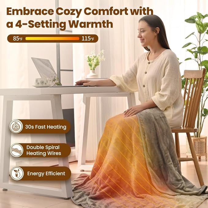 Bearhug 60"x50" Heated Blanket Throw, Electric Heating Blanket with 6 Heat Settings & 4H Auto Shut-Off, Velvet Flannel Throw for Couch, Machine Washable, ETL Certified