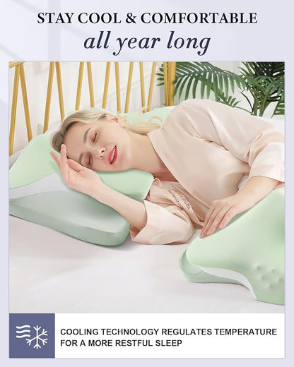 Cervical Neck Pillow, Cooling Ergonomic Memory Foam Pillows for Deep Sleep with Luxury Washable Pillowcase, Contour Orthopedic Neck Support Bed Pillows for Side Back Stomach Sleepers Queen Size-Green