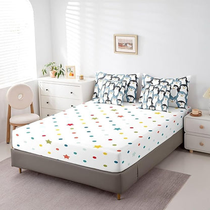 Feelyou Penguin Comforter Set with Sheets Cartoon Penguin 7 Piece Bedding Set for Kids Boys Girls Cute Polar Animal Pattern Bed in a Bag Full Size Snowy Winter Bed Set