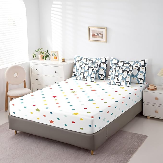 Feelyou Penguin Comforter Set with Sheets Cartoon Penguin 7 Piece Bedding Set for Kids Boys Girls Cute Polar Animal Pattern Bed in a Bag King Size Snowy Winter Bed Set