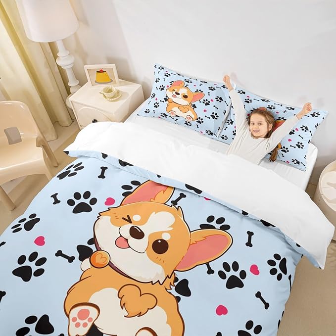 Cute Corgi Duvet Cover Set King Size,Cartoon Dog Footprint Bones Bedding Set 3pcs for Kids Boys Girls Room Decor,Smiling Doggy Comforter Cover Family Paw Quilt Cover with 2 Pillowcases,Blue
