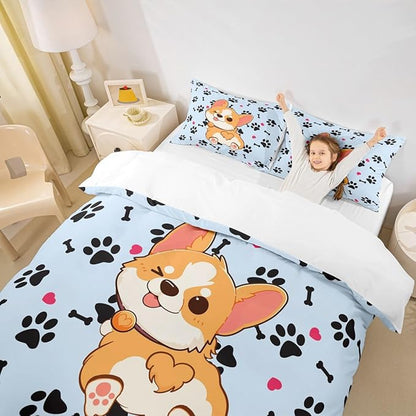 Castle Fairy Cute Corgi Bedding Set Queen Size,Cartoon Dog Footprint Bones Duvet Cover Sets 3pcs Kids Boys Girls Room Decor,Smiling Doggy Comter Cover Family Pet Quilt Cover,2 Pillowcases
