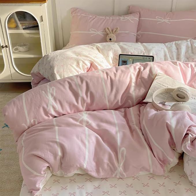 Striped Duvet Cover Queen Size Pink White Bow Stripes Bedding Set 3Pcs Kids Boys Girls Princess Style Kawaii Bowknot Comforter Cover with Zipper Closure & Corner Ties