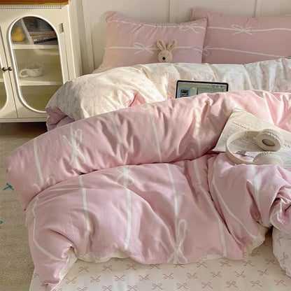 Striped Duvet Cover Queen Size Pink White Bow Stripes Bedding Set 3Pcs Kids Boys Girls Princess Style Kawaii Bowknot Comforter Cover with Zipper Closure & Corner Ties