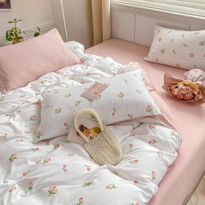 Floral Duvet Cover Queen 3Pcs Girls Cute Pink Tulips Duvet Cover Set Modern Aesthetic Bedding Set Ultra Soft Breathable Garden Flower Bedding with 2 Pillowcases(No Comforter)