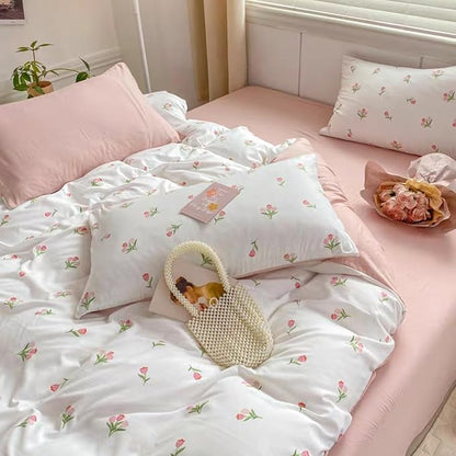 Floral Duvet Cover King 3Pcs Girls Cute Pink Tulips Duvet Cover Set Modern Aesthetic Bedding Set Ultra Soft Breathable Garden Flower Bedding with 2 Pillowcases(No Comforter)