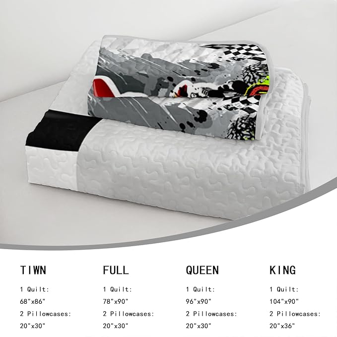 AILONEN 3-Piece Motocross Racing Quilt Set King Size Motorcycle Dirt Bike Bedspread Coverlet Soft Microfiber with 2 Pillowcases for Kids Girls Bed Cover