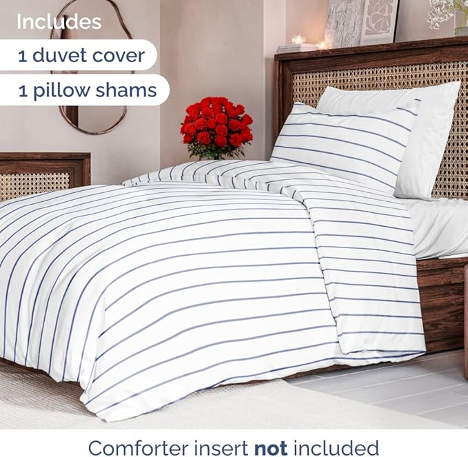 Duvet Cover Twin/Twin XL Size Set - Extra Soft Floral Duvet Cover 68 x 90 with 1 Pillow Sham - Comfy, Breathable Floral Bedding Set - Hotel Luxury & Fade Free with Zipper Closures & Ties - Navy Stripe