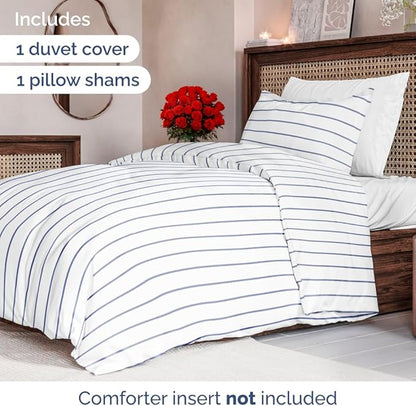 Duvet Cover Twin/Twin XL Size Set - Extra Soft Floral Duvet Cover 68 x 90 with 1 Pillow Sham - Comfy, Breathable Floral Bedding Set - Hotel Luxury & Fade Free with Zipper Closures & Ties - Navy Stripe