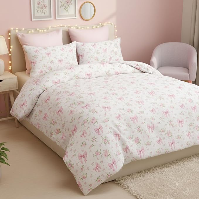 Duvet Cover Queen 3Pcs Pink Floral Bow Bedding Set for Girls Kids,Cute Princess Style Bowknot Bedding,Ultra Soft Garden Flower Bedding with 2 Pillowcases(No Comforter)