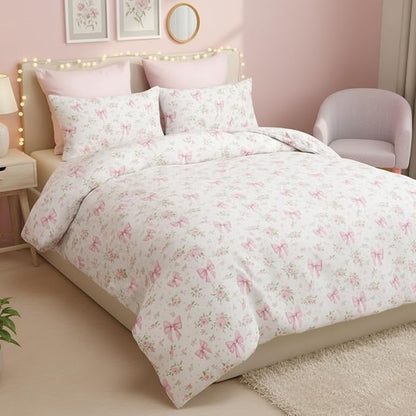 Duvet Cover Queen 3Pcs Pink Floral Bow Bedding Set for Girls Kids,Cute Princess Style Bowknot Bedding,Ultra Soft Garden Flower Bedding with 2 Pillowcases(No Comforter)