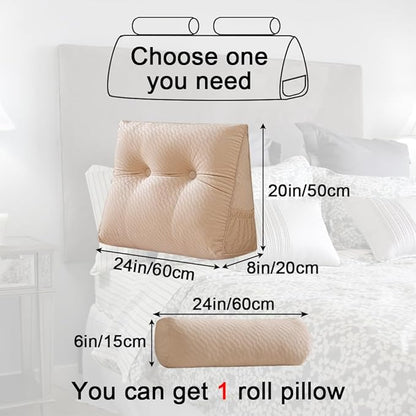Velvet Triangular Headboard Wedge Pillow With Roll Pillow,Removable Cover Headboard Pillow Daybed Bunk Bed,Backrest Positioning Support Pillow Resting Reading Relaxing (Beige, Small(24 * 20 * 8in))