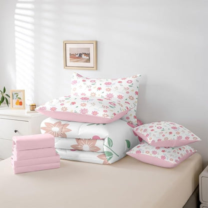 Feelyou Cute Flower 7 Piece Bedding Set Fresh Flower Floral Comforter Set with Sheets for Kids Boys Girls Nature Plants Bed in a Bag Pink Green Bed Set Soft Lightweight